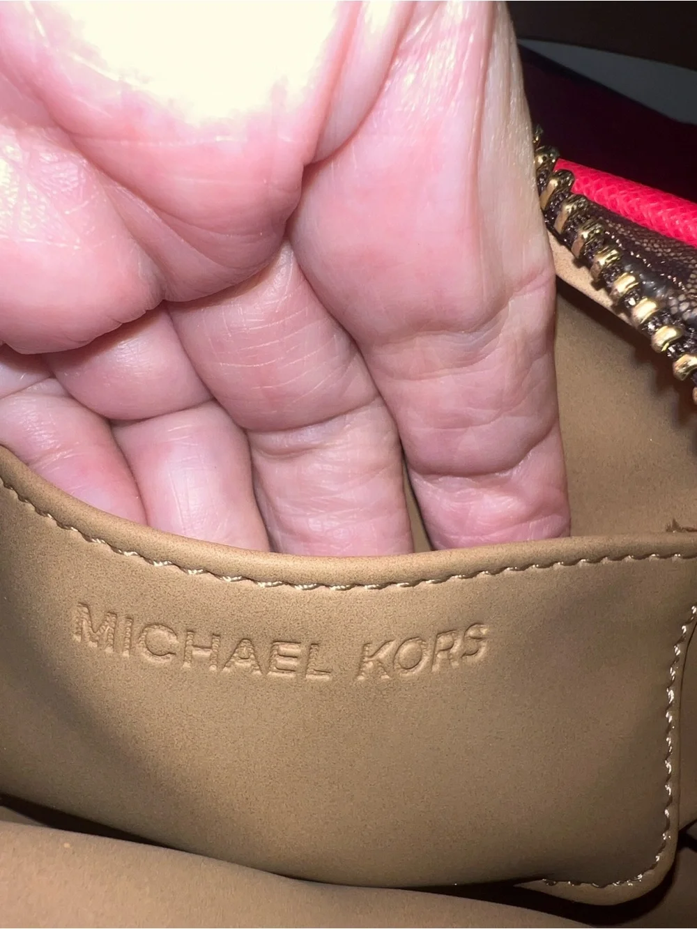 Michael Kors Brown Monogram Crossbody with Pink Trim